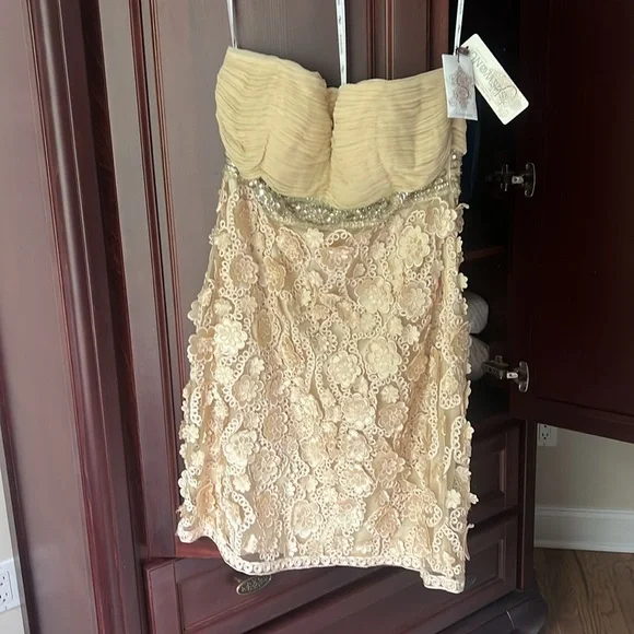 Sue Wong Strapless Champagne Floral Appliqué Cocktail Dress Women's size 12 - Picture 2 of 13
